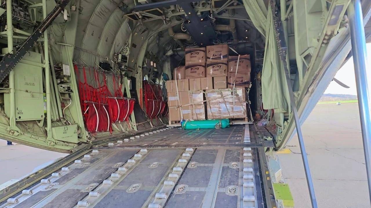 The arrival of the Iraqi military plane carrying medical supplies to Lebanon.