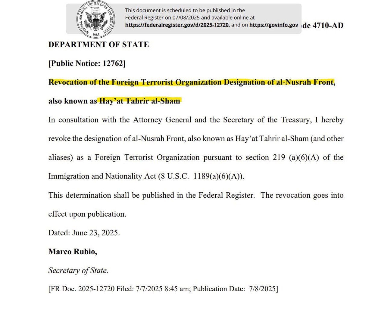 Washington Removes Tahrir al-Sham from Terror List.